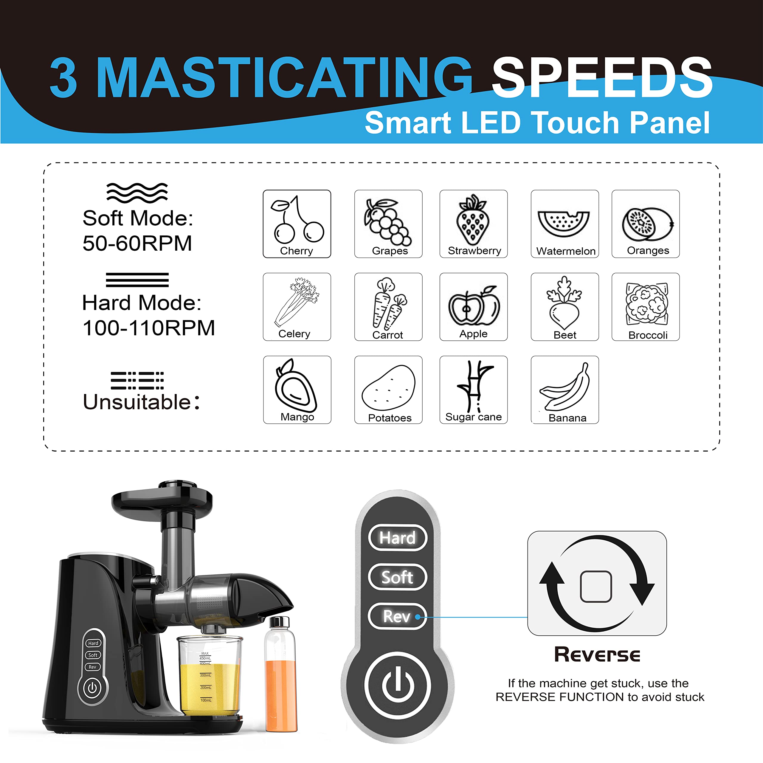 Touch LED Display Masticating Juicer Machines Vegetable and Fruit, Healnitor Cold Press Slow Juice Extractor Machines with Triple Mode, Easy to Clean Brush & Quiet Motor, 500ML Travel Bottle, Black