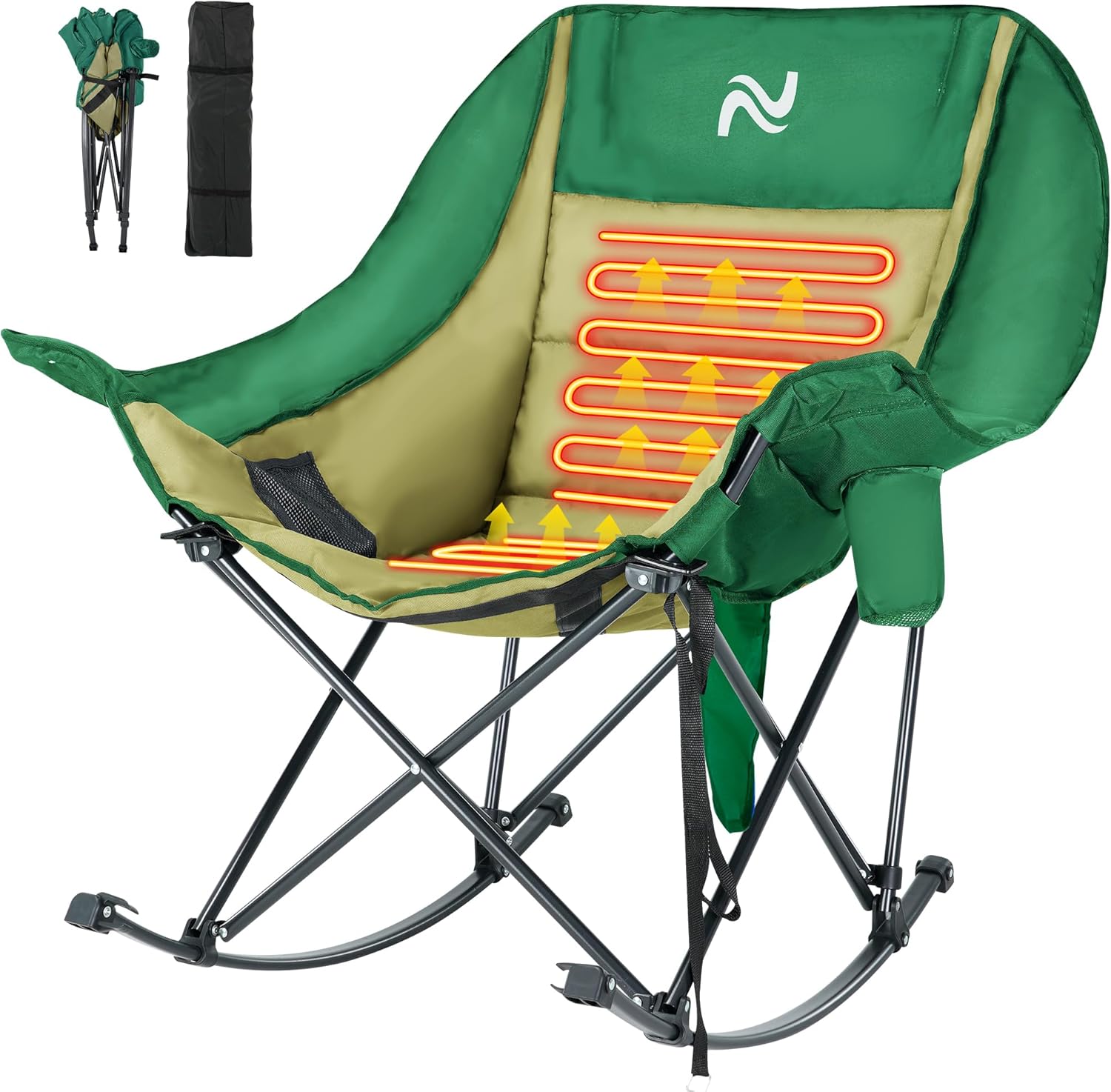 Slsy Oversized Rocking Camping Chair for Adults, 400 lbs Heavy Duty Padded Recliner with Side Pocket, Cup Holder & Carry Bag, Foldable Outdoor Lawn Chair for Patio, Backyard, or Camp