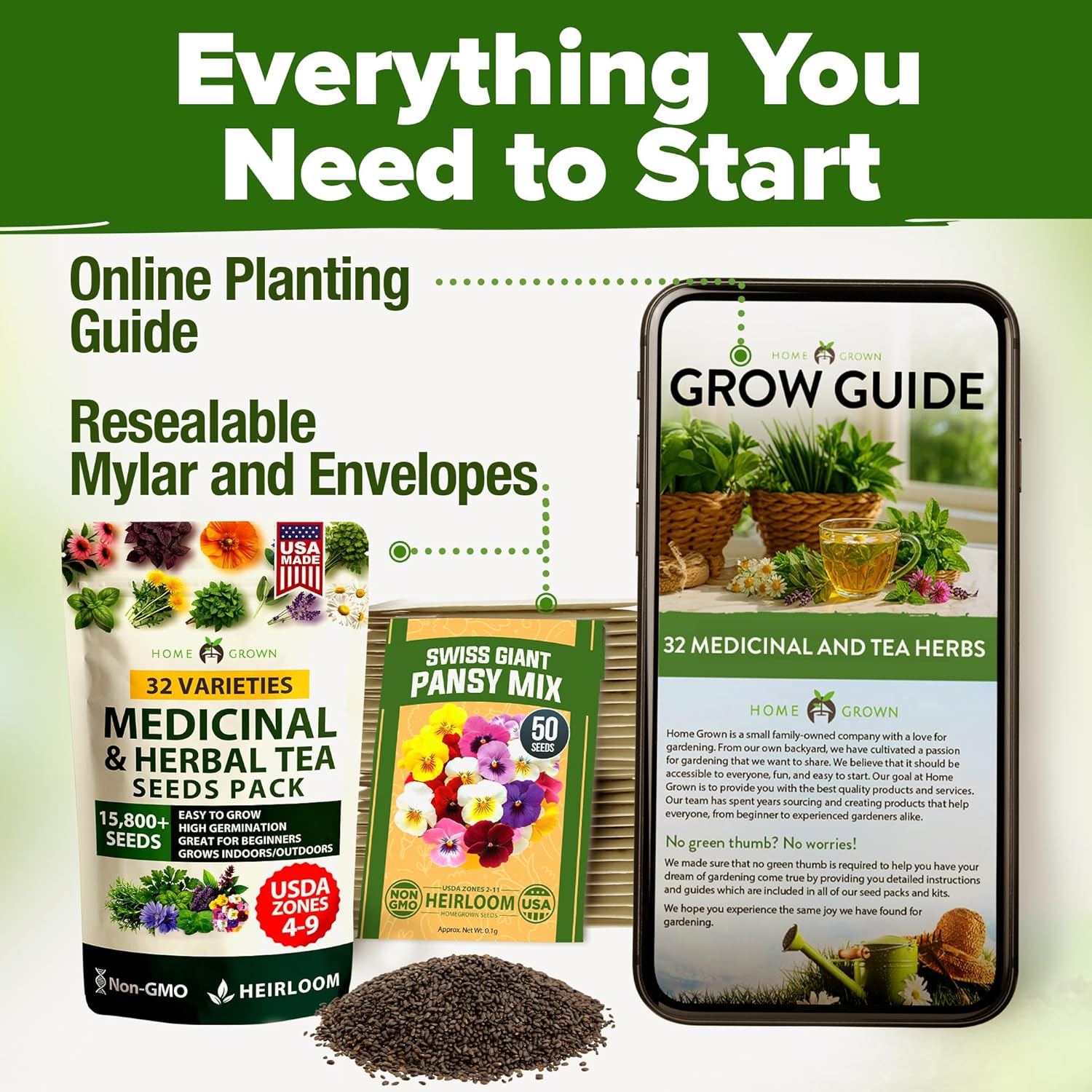 HOME GROWN Herb Seeds 32 Medicinal Herbs and Tea Variety Pack – Annual & Perennial Herb Seeds for Planting Indoors & Outdoor – Non-GMO, Heirloom Seeds, Easy to Grow, High Germination Garden Kit