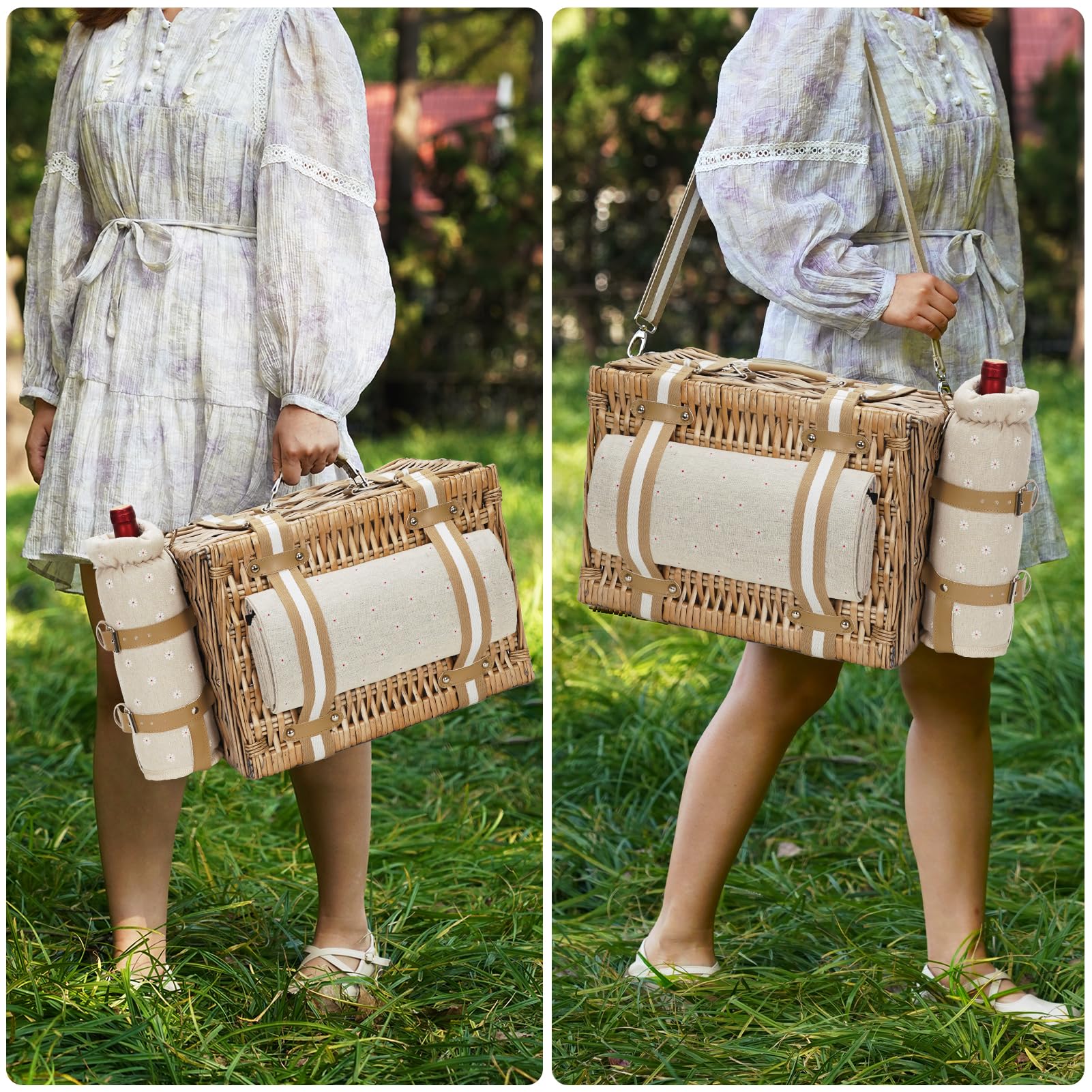 G GOOD GAIN Picknickkorb für 4 Personen – Weiden-Picknick-Set mit wasserdichter Decke und Weintasche, großer Picknickkorb mit isoliertem Kühler und Besteck-Set für Paare, Camping, weiße Blume, 40,6 x