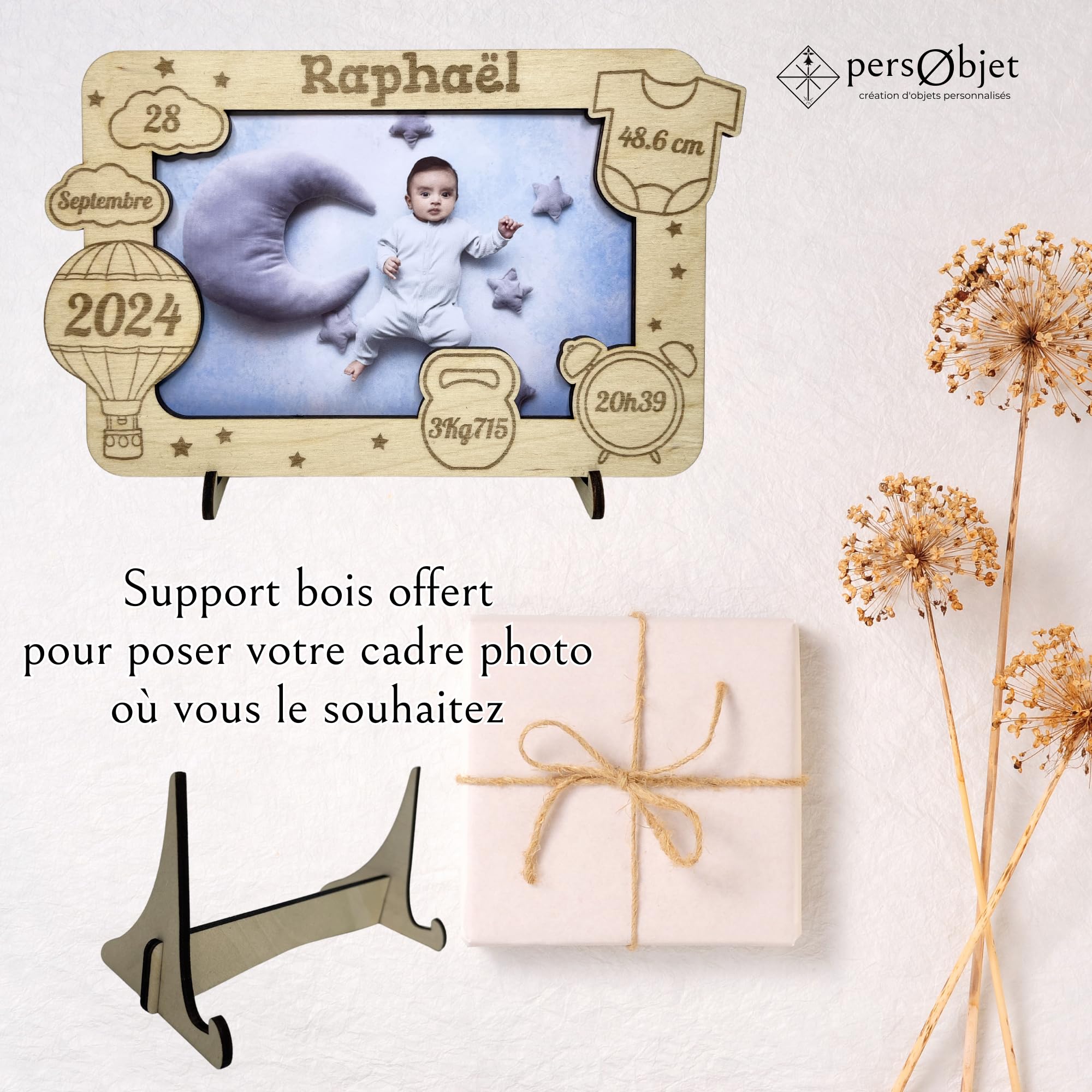 Cadre Photo naissance en Bois Personnalisable montgolfière - Souvenir de la naissance de Bébé – idée cadeau de naissance personnalisé pour maman, papa, mamie, papy – décoration chambre bébé, séjour