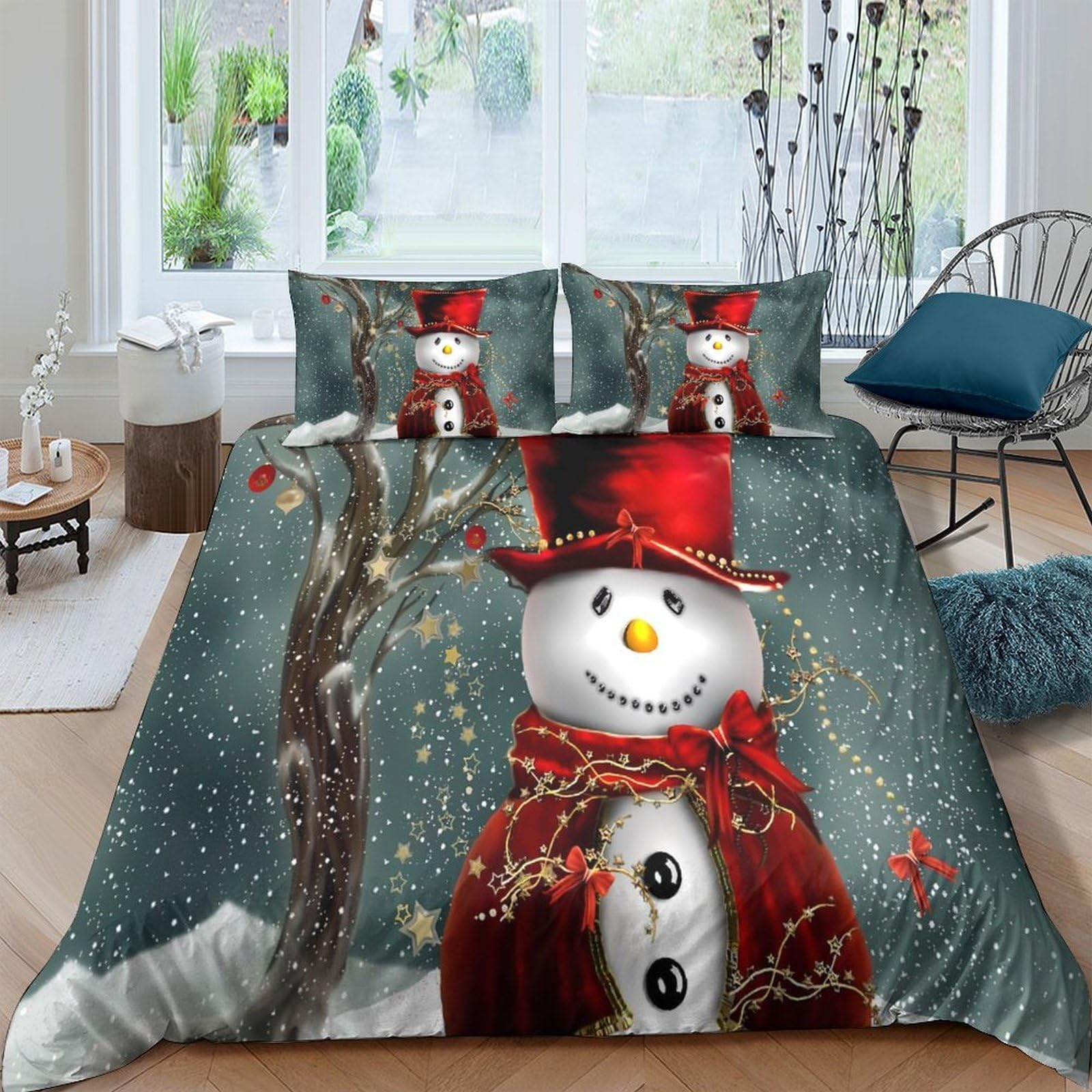 Ctjqhvkz Style-8 3D Printed Snowman Winter Fitted Sheet Microfiber Soft Red Hat Christmas Tree Bed Cover For Bedroom Dorm Mattress Protection Single（135X200cm）