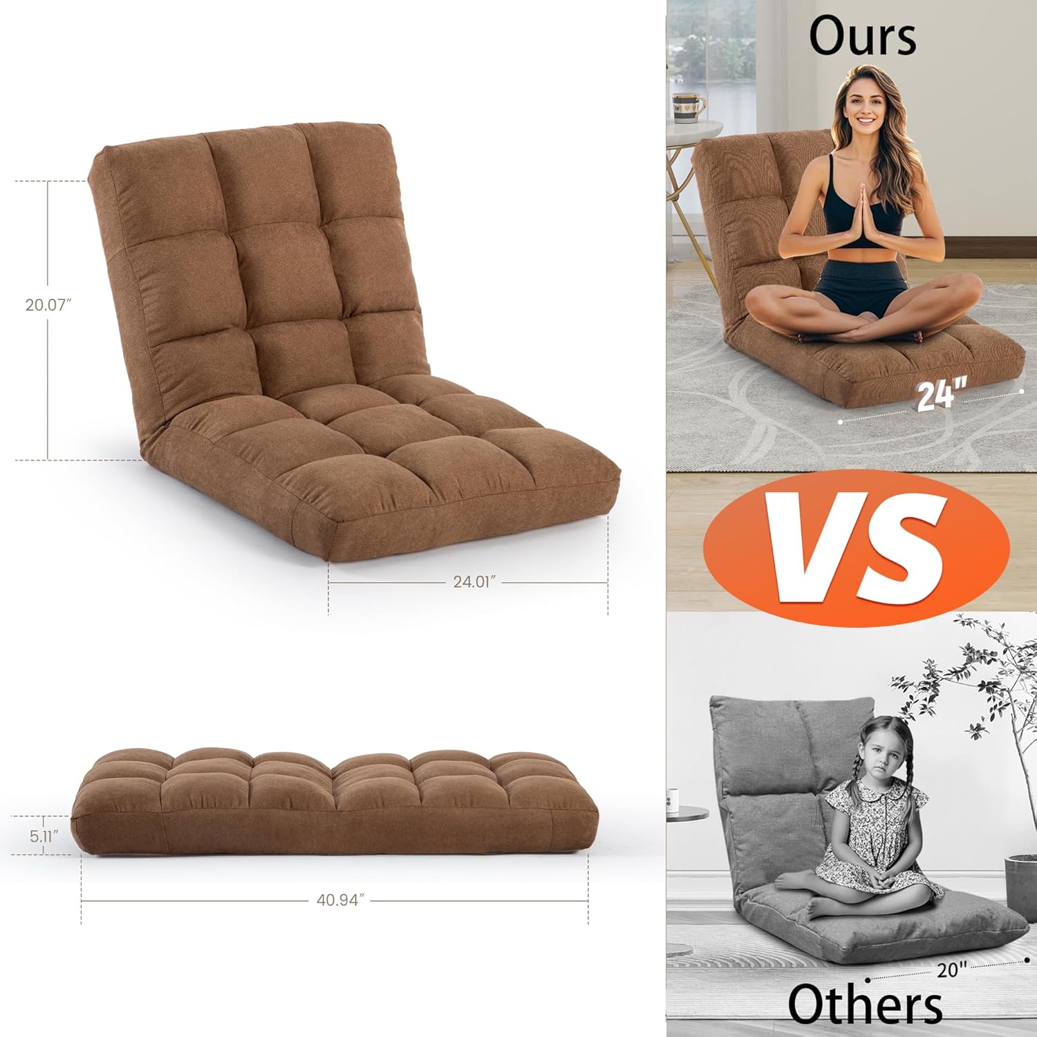 24 Inch Extra Wide Oversized Folding Floor Chair with Back Support, 6-Position Adjustable Folding Floor Chair, Floor Gaming Chair for Adults, Comfortable Floor Seat