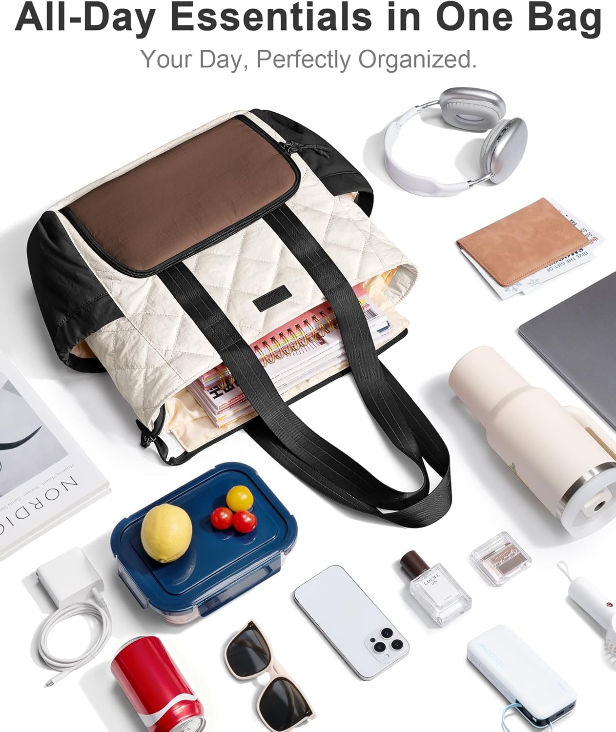 Puffer Lunch Tote Bag for Women, 15.6 Inch Laptop Work Bag with Insulated Lunch Compartment & Large Cup Holder, Lightweight Quilted Puffy Lunch Box Purse for Teacher Nurse Travel Office Daily School - Image 7