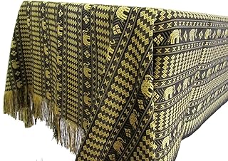Thai Elephant Tablecloth | Boho Buffet Wedding Table Cover | Embroidered Gold | Reversible and Washable | Rectangular | 70x40 Inches (Black Gold)