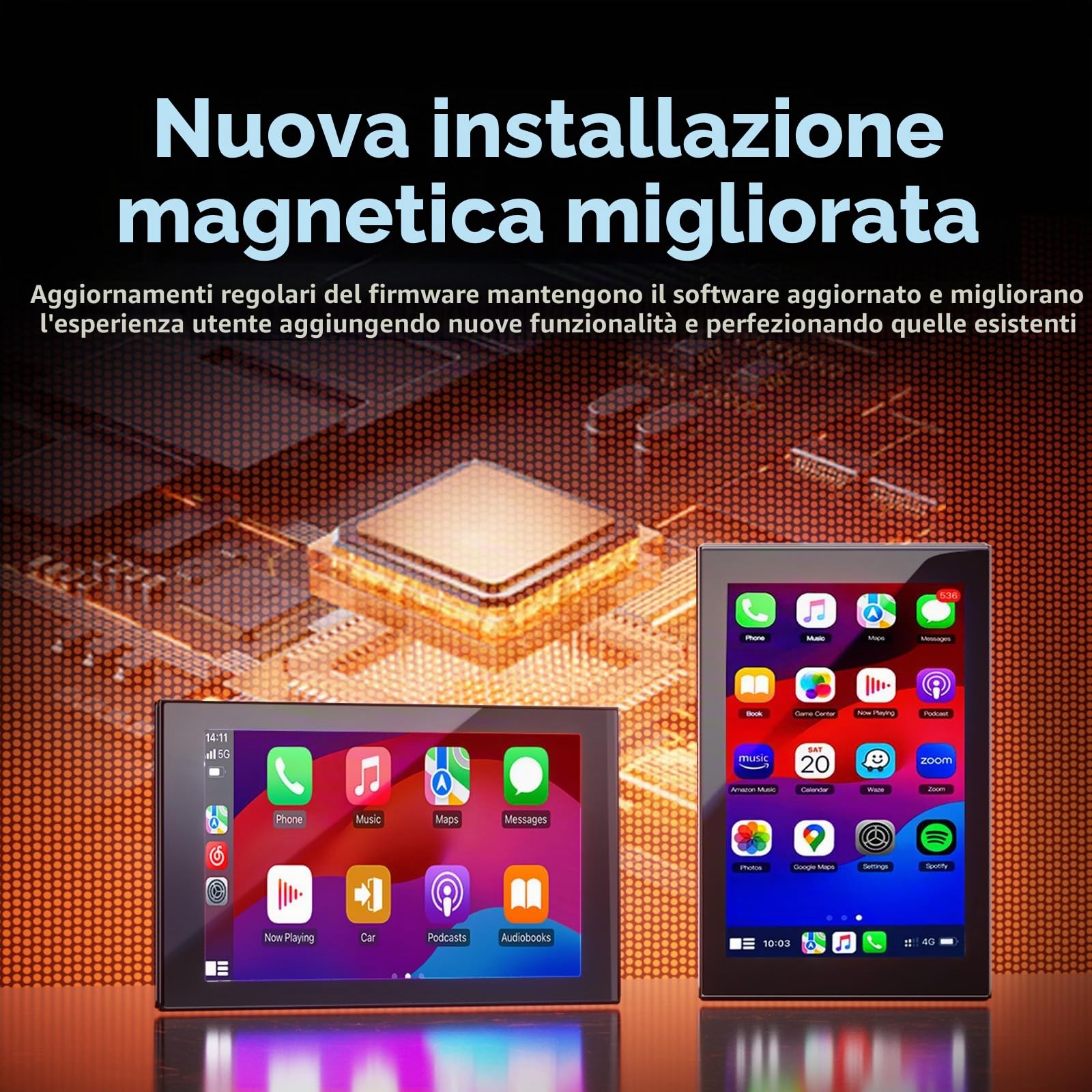 Display Portatile da 7" per Apple CarPlay e Android Auto | Schermo Orientabile Con Telecamera di Retromarcia, Mirror Link, Aggiornamenti OTA, Comando Vocale Bluetooth, per Autovetture