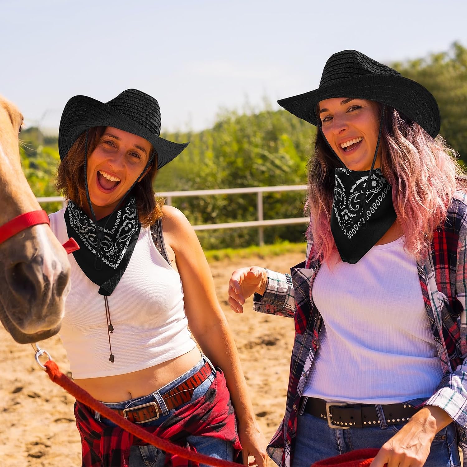 Unittype Cowboy Hats Set of 3 with Red Bandanas - Classic Western Cowboy Party Hat Accessories