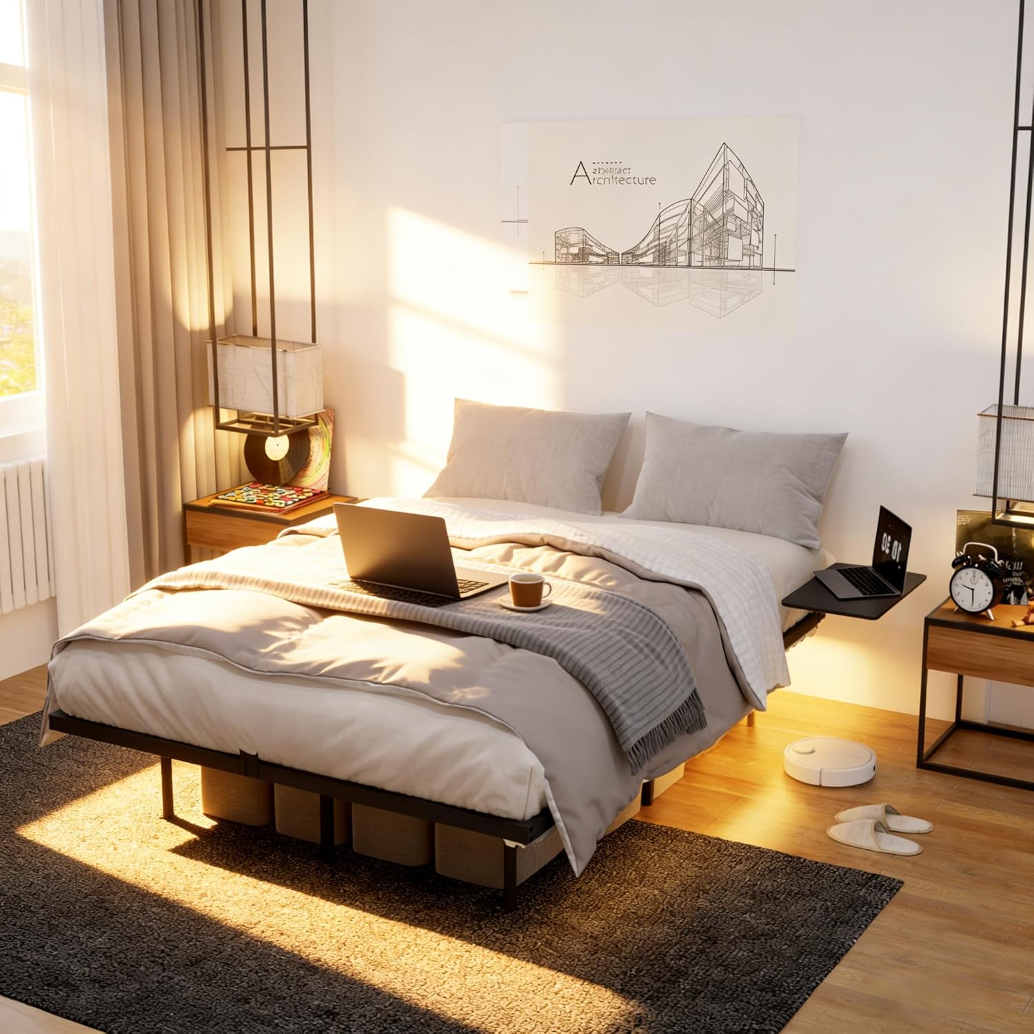 Floating Full Size Platform Bed Frame with LED Lights & USB Charging Station Sturdy Metal Frame with Hidden Legs, No Box Spring Needed, Effortless Assembly(Black, Full)