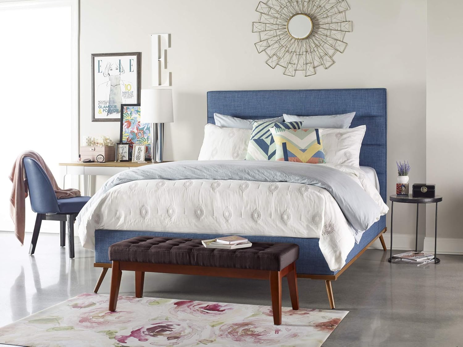 Elle Decor Claire Button Tufted Upholstered Bedroom Bench, Modern Fabric Padded Ottoman with Wooden Legs, Brown