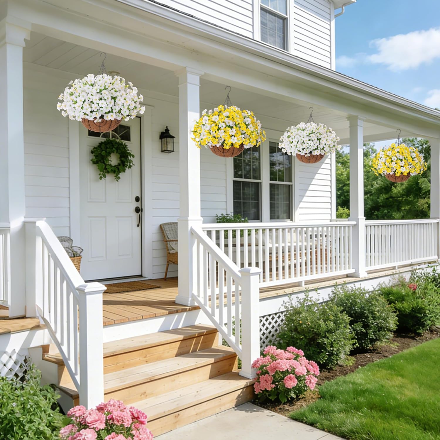 INSPRING Artificial Faux Hanging Flowers Basket for Outdoors Spring Fake Plants, UV Resistant White Silk Morning Glory in Planter Realistic Petunia Flowers for Outside Patio Porch Garden Home Decor
