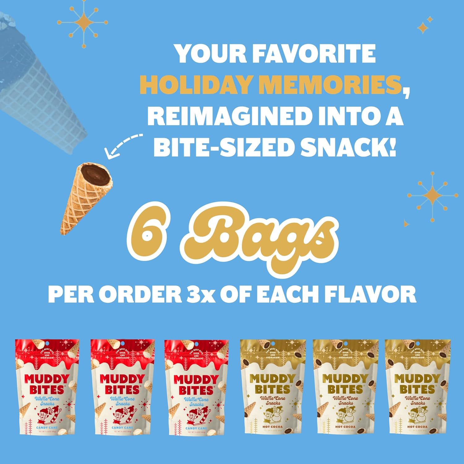 Muddy Bites Waffle Cone Snacks Bite Sized Chocolate Filled Waffle Cones for Snack or Dessert, Hot Cocoa & Candy Cane, Made with Cane Sugar, Non-GMO, Kosher (Holiday Combo Pack, 6 Bags)