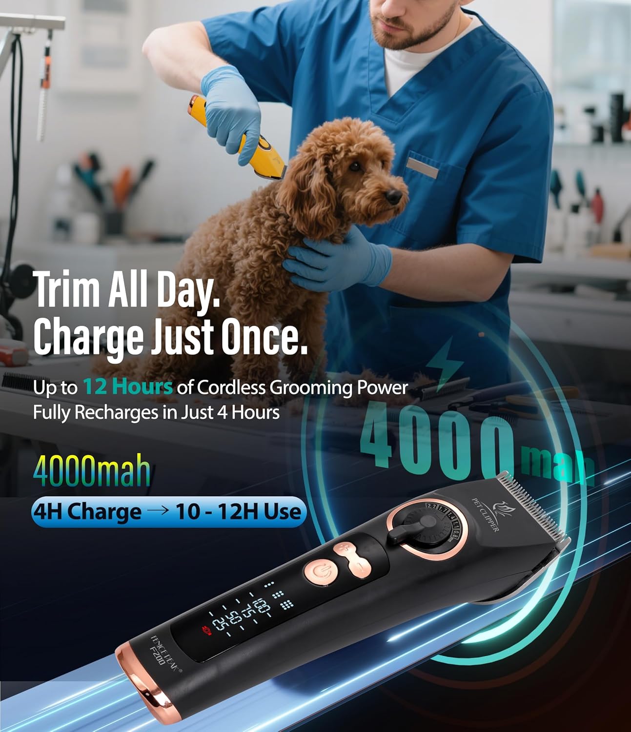 Professional Dog Grooming Clippers with 12H Runtime & Replaceable 440C Blade, 3-Speed Low Noise Electric Dog Shaver for Thick, Matted, Curly Hair, Cordless Clipper for Groomer & Home Use, Black