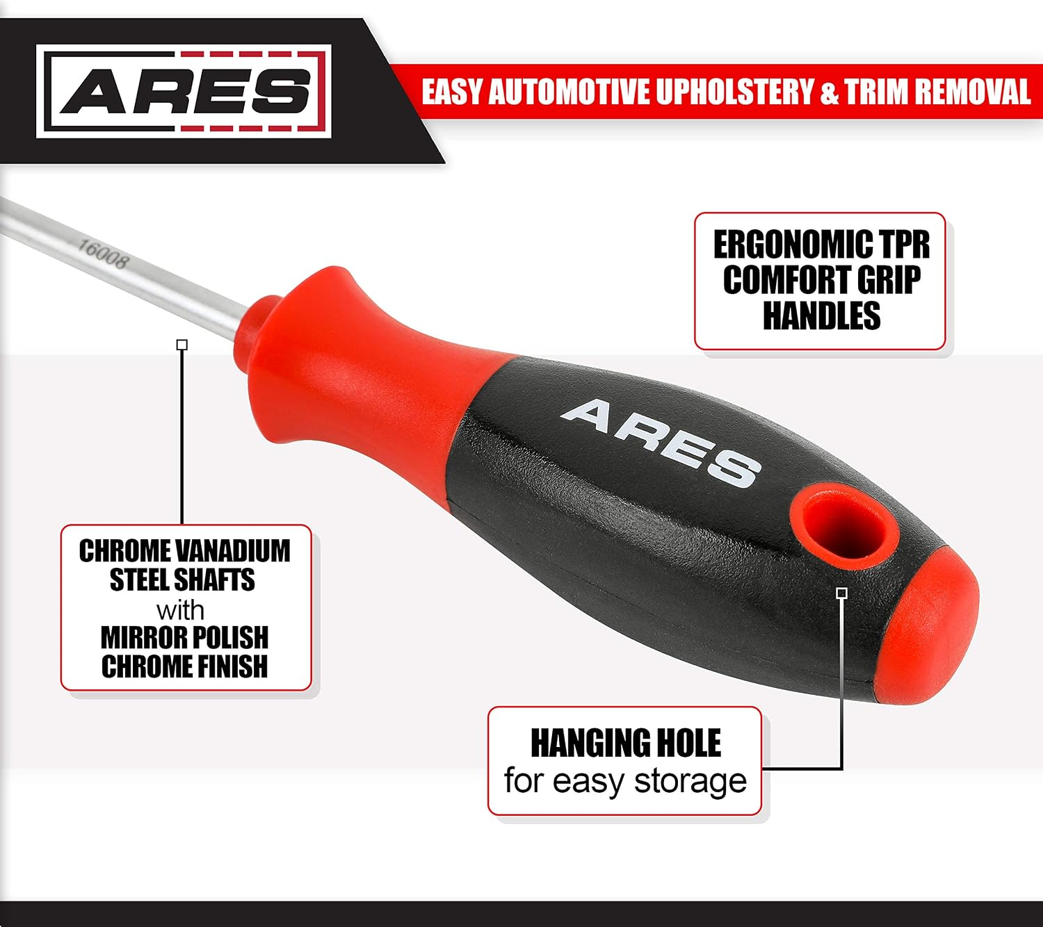 ARES 16006-5-Piece Upholstery Trim Removal Tool Set - Remove Clips and Fasteners from Door Panels and Trim Pieces - Chrome Vanadium Steel Construction - Ergonomic TPR Comfort Grip Handle