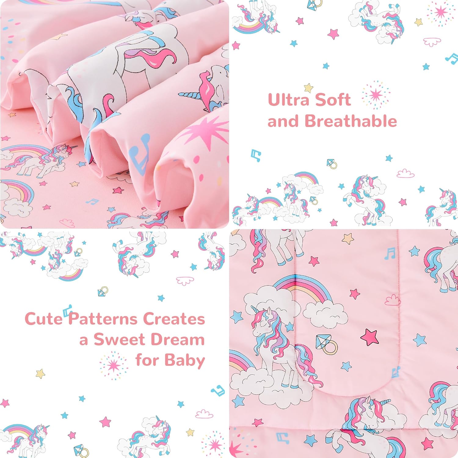 Pink Unicorn Toddler Bedding Set for Girls, 4 Piece Bed-in-a-Bag Toddler Comforter Sets, Super Soft and Comfortable Microfiber Todeeler Bed Set