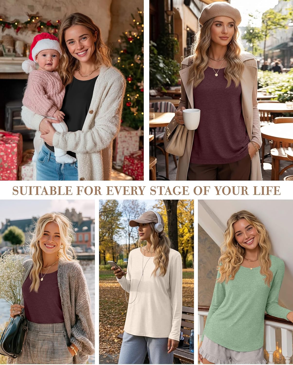 4 Pack Women's Cotton Nursing Tops Breastfeeding Maternity Hidden Zippers Crew Neck Long Sleeve Pregnancy Shirts - Image 5