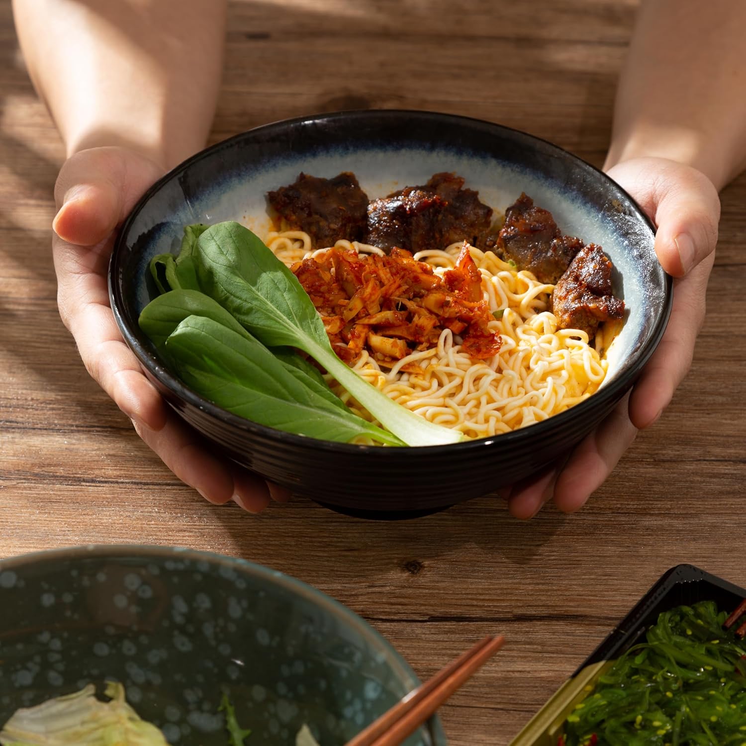 8 Inch Ceramic Ramen Bowl Set of 2, 40oz Japanese Bowls with Spoons & Chopsticks,Durable,Microwave & Dishwasher Safe,Perfect for Ramen,Pho,Salad,Soup,Noodles，Mixing bowls（Jade Green） - Image 6