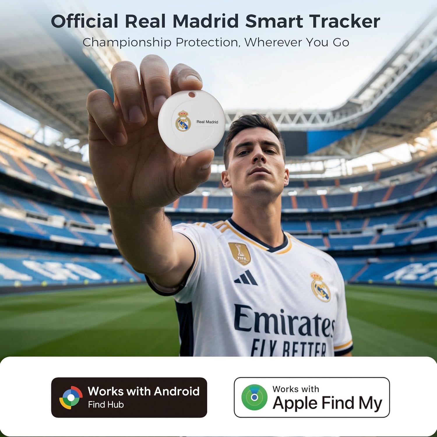 MiLi Bluetooth Tracker for iOS & Android, Real Madrid Official Co-Branded Key Finder, Works with Find My & Google Find Hub, for Keys, Wallet, Luggage and More (White, 1 Pack)