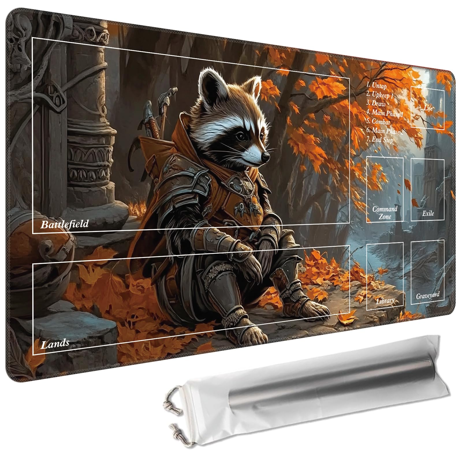 Cdkfxjy MTG Playmat with Magic Zone 27.5 x 15.7in Includes Storage Bag,TCG Playmat with Soft Surface Premium Non-Slip Rubber Backing Stitched Edges Durable Gaming Mat,Raccoon Knight