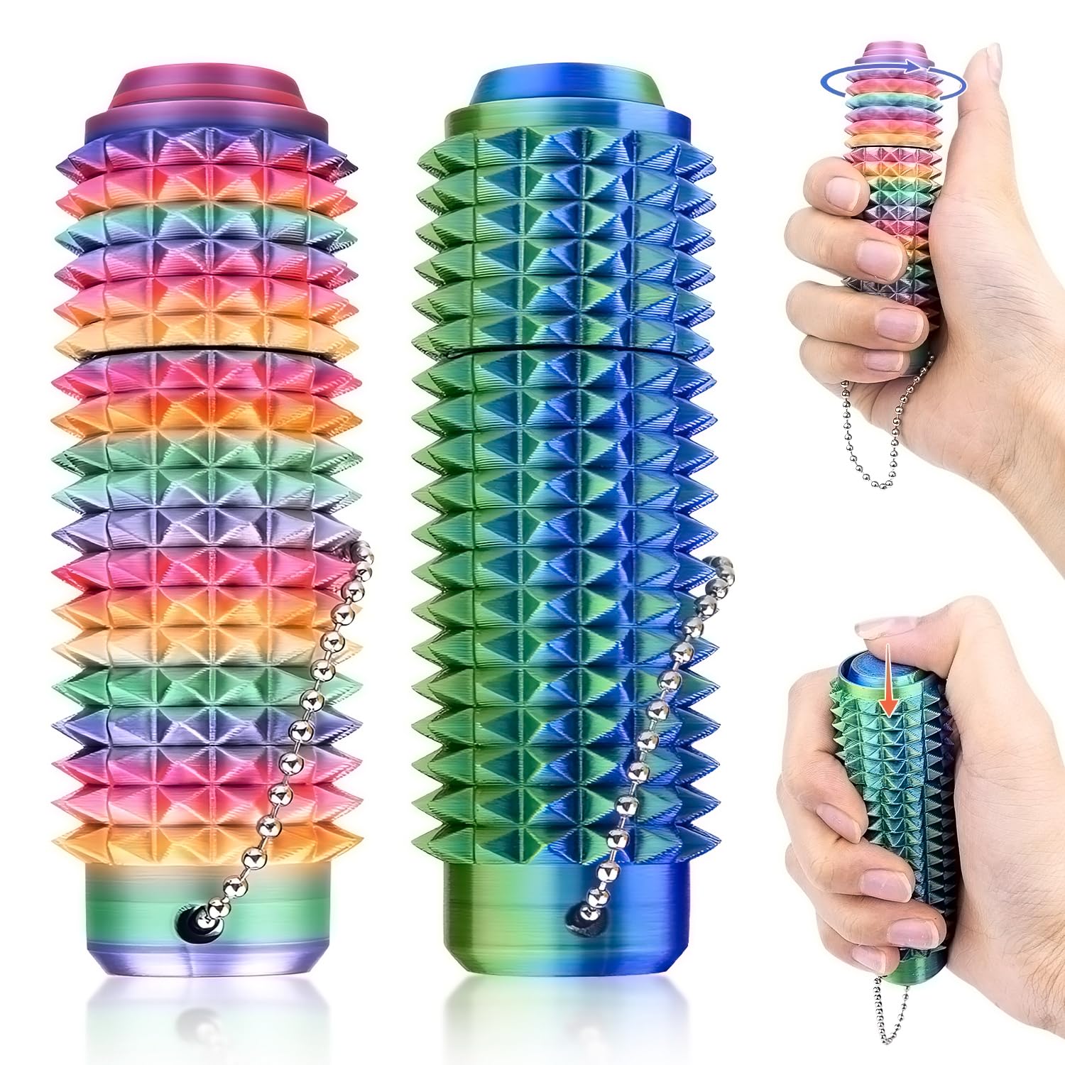 Little Ouchies Pain Fidget Toys, 2PCS Pain Stimming Fidgets with Click Button, 360 Rotation 3D Printed Fidget Toys for Adults & Kids, Spiky Grippie Keyring Toy for Anxiety Relief