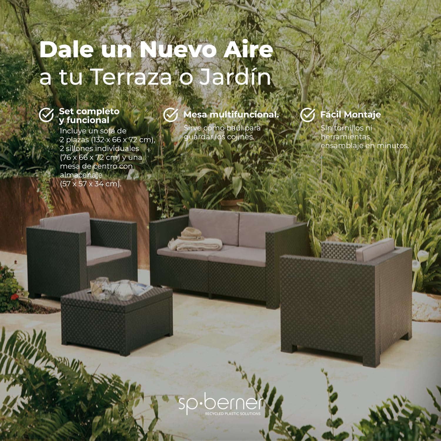 SP Berner Shaf - Diva Confort | Set Muebles de Salon Exterior - Conjunto Muebles Jardin Exterior 4 Plazas | Fabricado en España con Materiales Reciclados - Color Grafito
