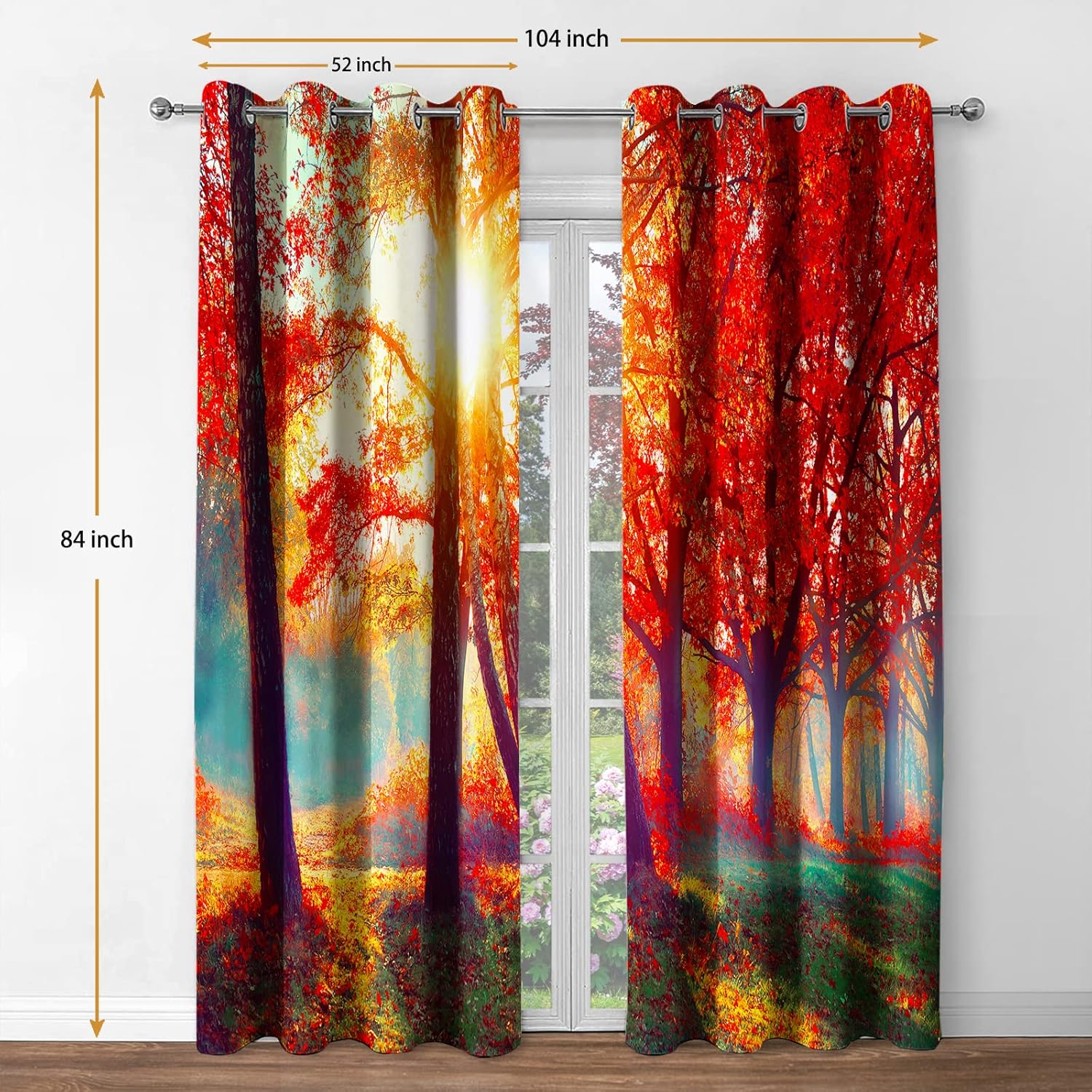 Jekeno Fall Tree Forest Blackout Curtains Jungle Autumn Tree Orange Leaves Sunlight Print Fall Nature Scenery Decor Home Bedroom Living Room Grommet Window Drapes 2 Panel Set, 52"x84"