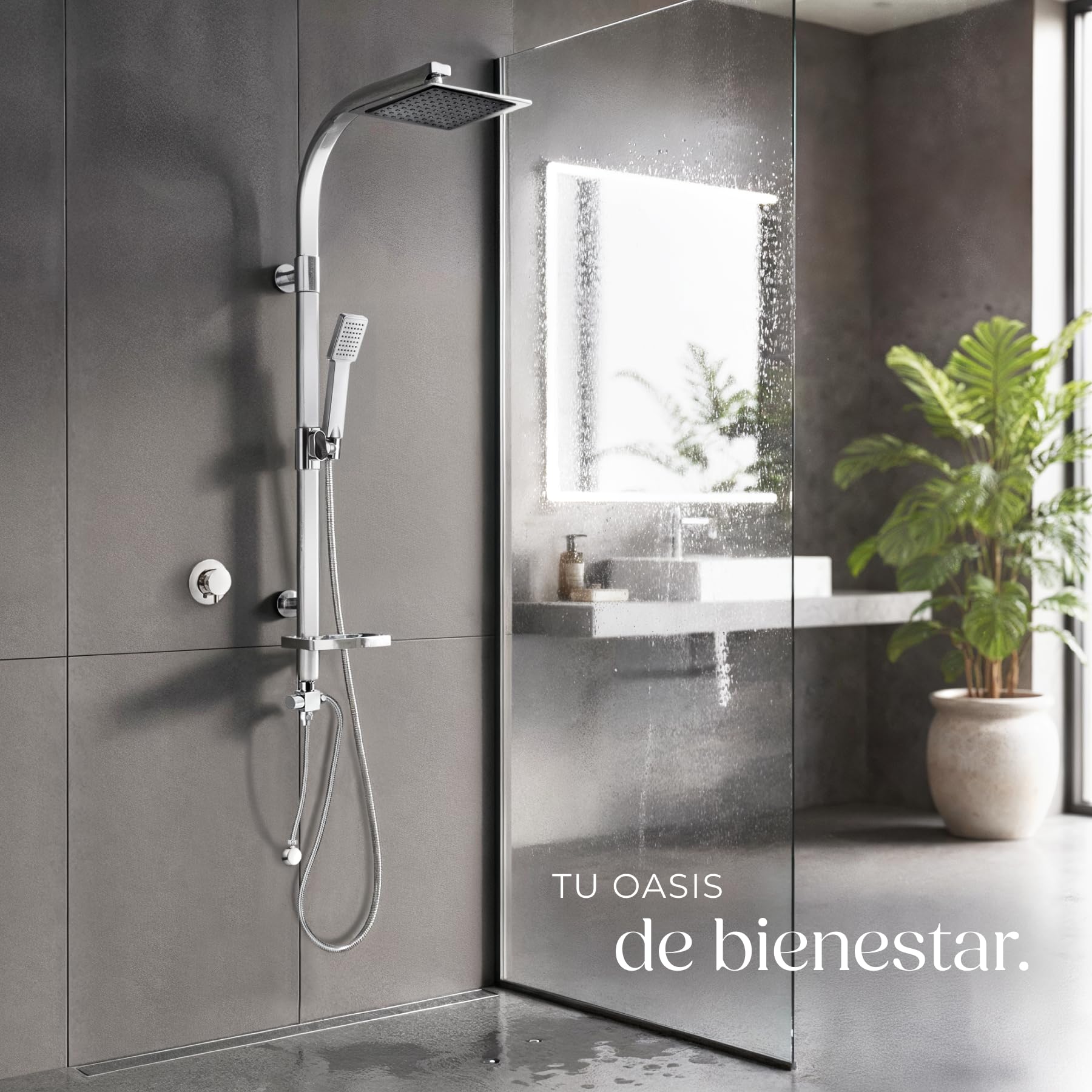 tectake® Conjunto de Ducha con Rociador de Hidromasaje de Aluminio con Grifo Ducha, Duchas de Baño con Alcachofa con Junta Esférica, Bandeja y Barra Regulable, Columna Hidromasaje - Gris