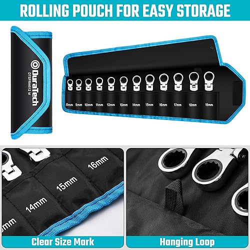 Miniatura 7 de DURATECH Stubby - Juego de llaves combinadas de trinquete de cabeza flexible, métricas, 12 piezas, 0.315-0.748 in, acero CR-V, con bolsa