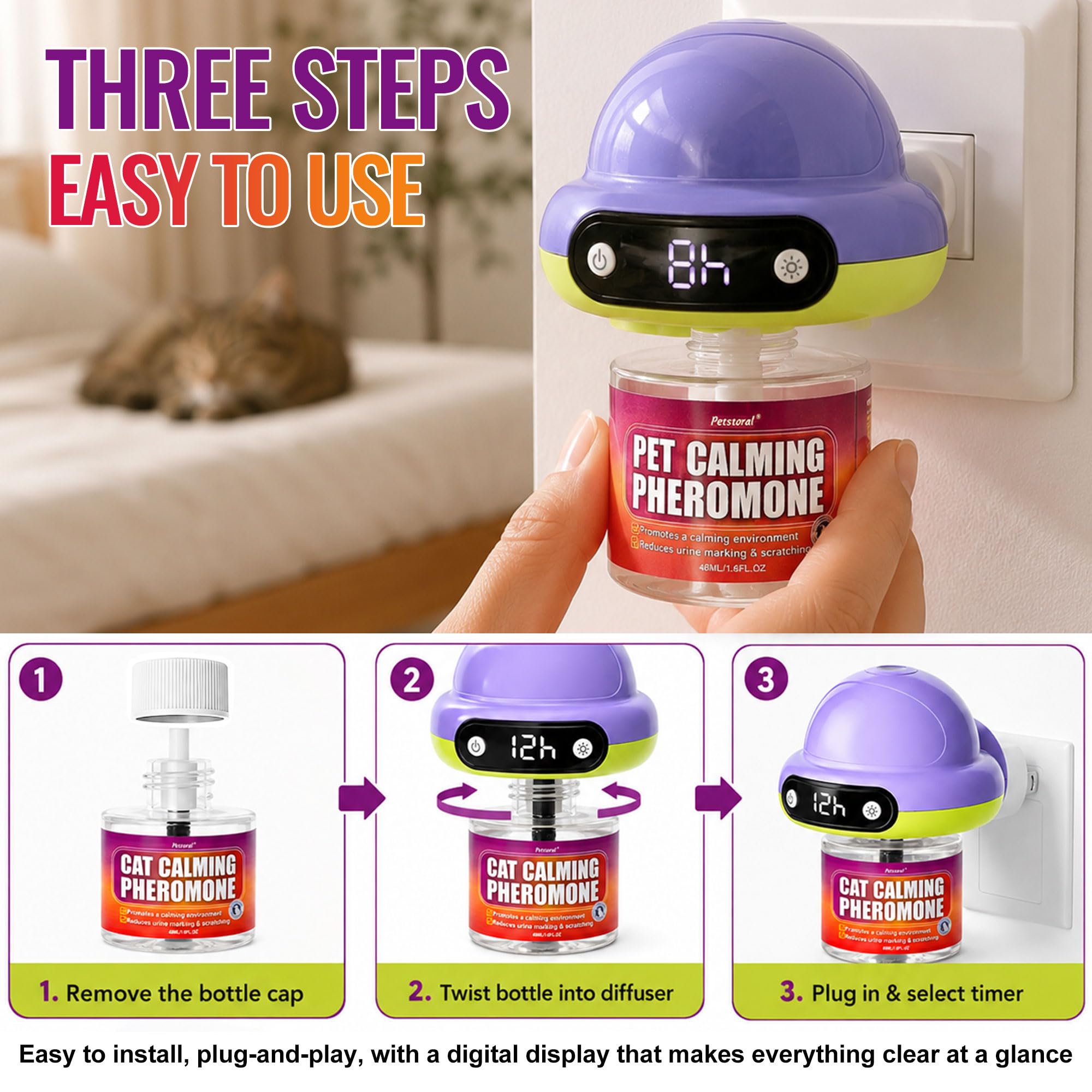Petstoral Diffuseur de phéromones pour chat avec minuterie, programme intelligent de 4/8/12/24 heures, aide à réduire l'anxiété, la pulvérisation d'urine, les rayures et l'agression pour les maisons
