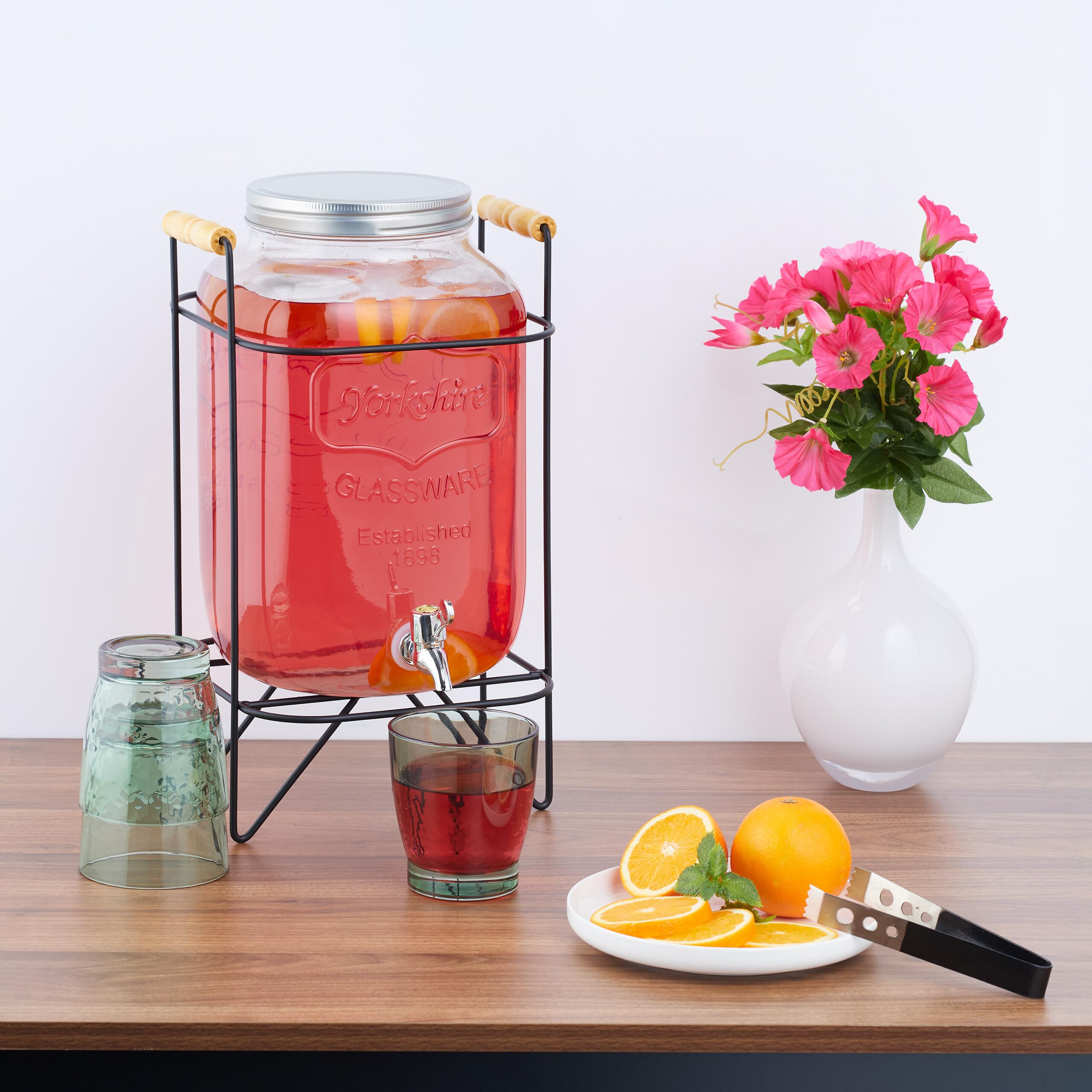 Relaxdays Dispensador Bebidas con Soporte, Recipiente Limonada 8 L, Grifo de Hierro y Tapa, Cristal, Transparente/Negro