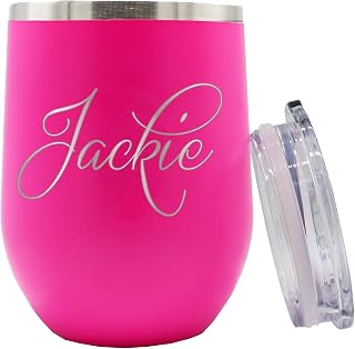 Personalized 12 oz Insulated Stemless Wine Tumbler - Custom Engraved and Monogrammed (Hot Pink)