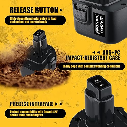 Miniatura 4 de VANON 4.8Ah 12V NiMh Reemplazo para Dewalt 12V Batería DW9071 DW9072 DC9071 DE9037 DE9071 DE9072 DE9074 DE9074 DE9075 152250-27 397745-01 Paquete de
