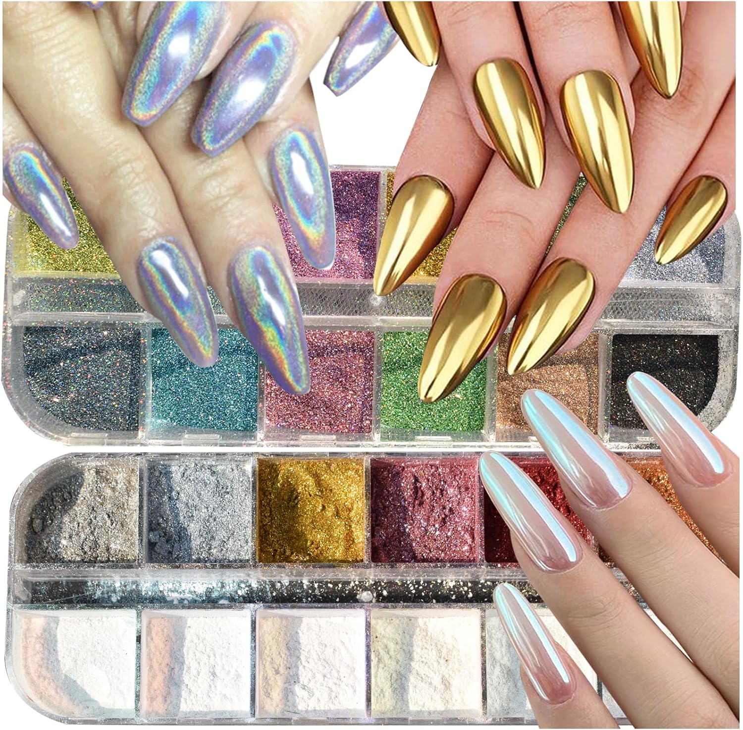 2 Boxes 24 Colors Holographic Chrome Nail Powder Set | Nail Powders Laser Shining Glitter Metallic Mirror Effect Holographic Aurora Chameleon Pigment 1g/Grids for Nail Art Glitters
