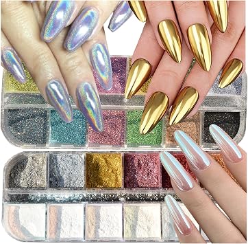 2 Boxes 24 Colors Holographic Chrome Nail Powder Set