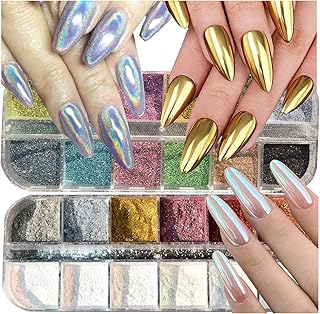 2 Boxes Chrome Nail Powder Set 24 Colors Holographic Nails Powders Laser Shining Glitter Metallic Mirror Effect Holographic Aurora Chameleon Pigment 1g/Grids for Nail Art Glitters