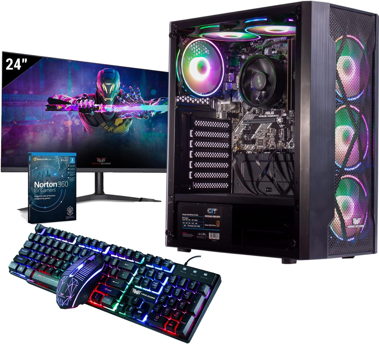 Veno Scorp Gaming PC – 24" Monitor Bundle AMD Ryzen 5 5600G With Radeon Graphics, 16GB RAM 3200MHZ DDR4, 1TB HDD 256GB SSD, 500W 80+ PSU, Wifi, Windows 11, Vortex 6 ARGB Gaming Case.
