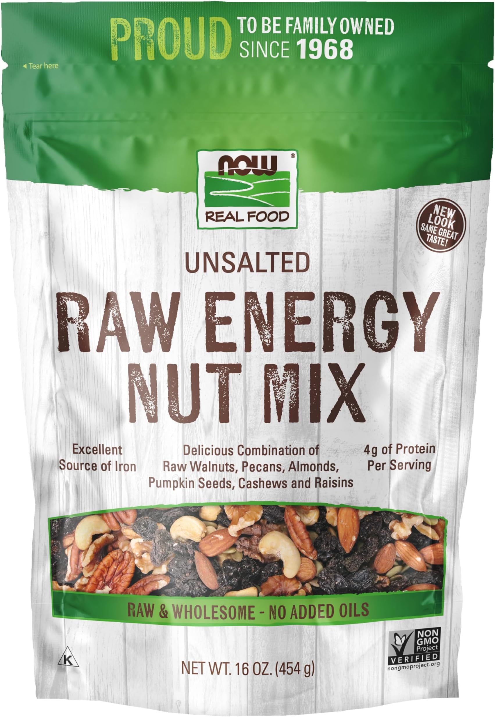 NOW Foods, Raw Energy Nut Mix, Unsalted Mix of Raisins, Walnuts, Peacans, Almonds, Pumpkin Seeds and Cashews, Great-Tasting, Source of Iron, 16-Ounce (Packaging May Vary)