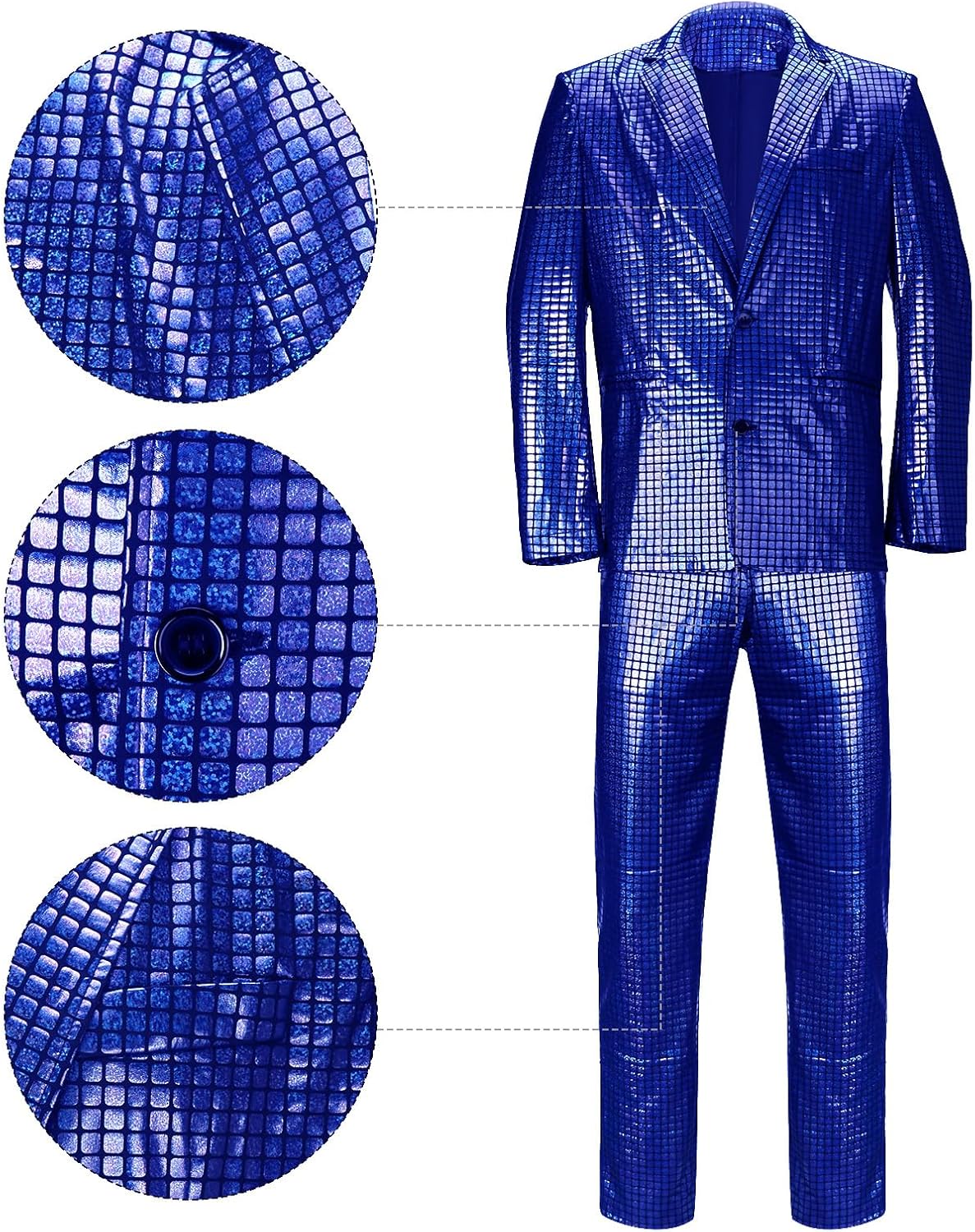 Men’s 2 Pieces Disco Costume Jacket Pants Outfit Set Adult 70s Shiny Metallic Sequin Halloween Cosplay Party Suit - Image 3