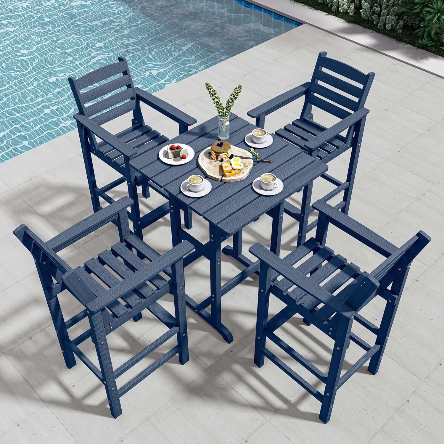 LAUSAINT HOME Outdoor Bar Set, Balcony Adirondack Chairs and Table 5 Pieces Set, Oversize Bar Height Chairs Set of 4 and Bar Table, HDPE Bar Set for Balcony, Garden, Poolside (Blue)