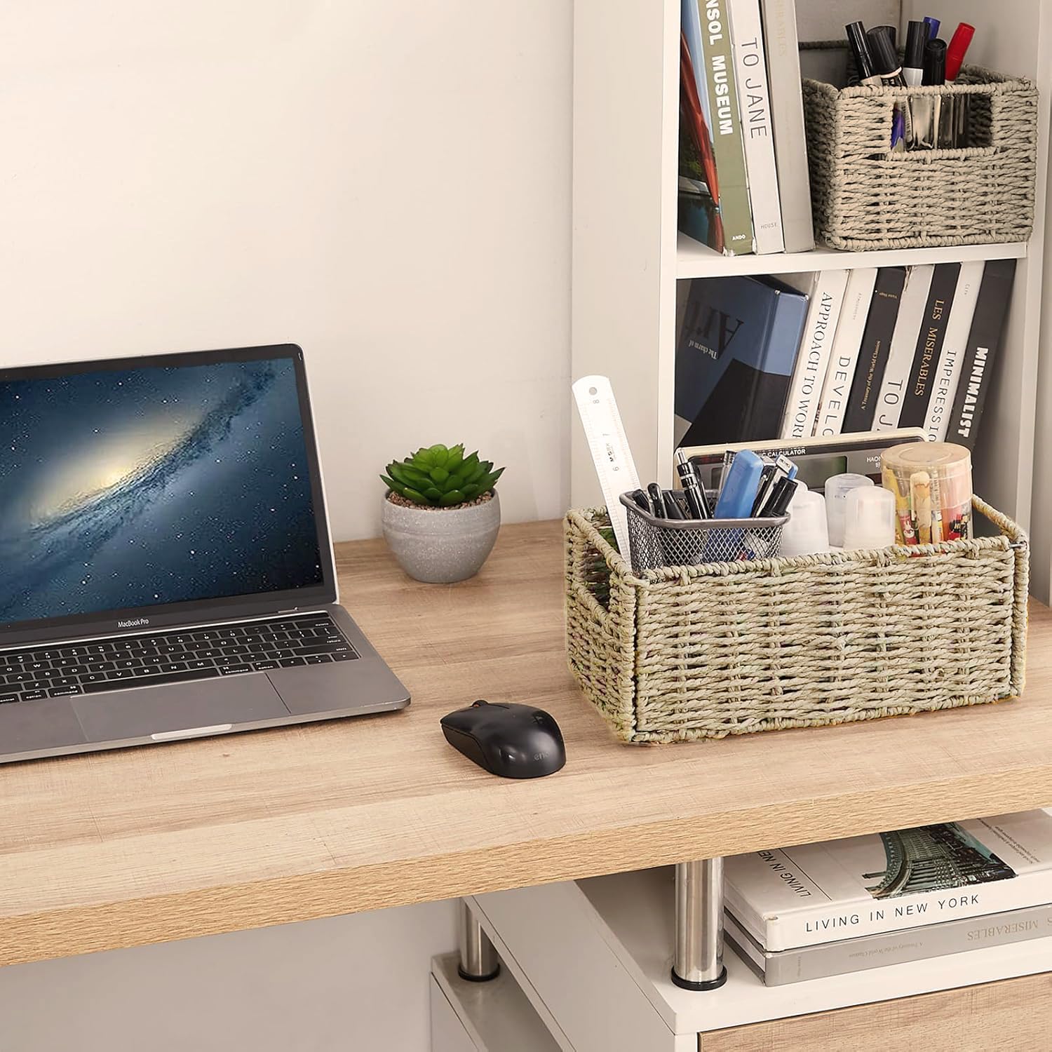 2 Cestas de Almacenaje, Cesta Mimbre Tejidas a Mano Rectangular 30x15x12cm, Cesta Plegable de Papel Jacinto de Agua, Cesto Decorativo para Baño Estanterías Kallax Cocina y Cosa Pequeñas