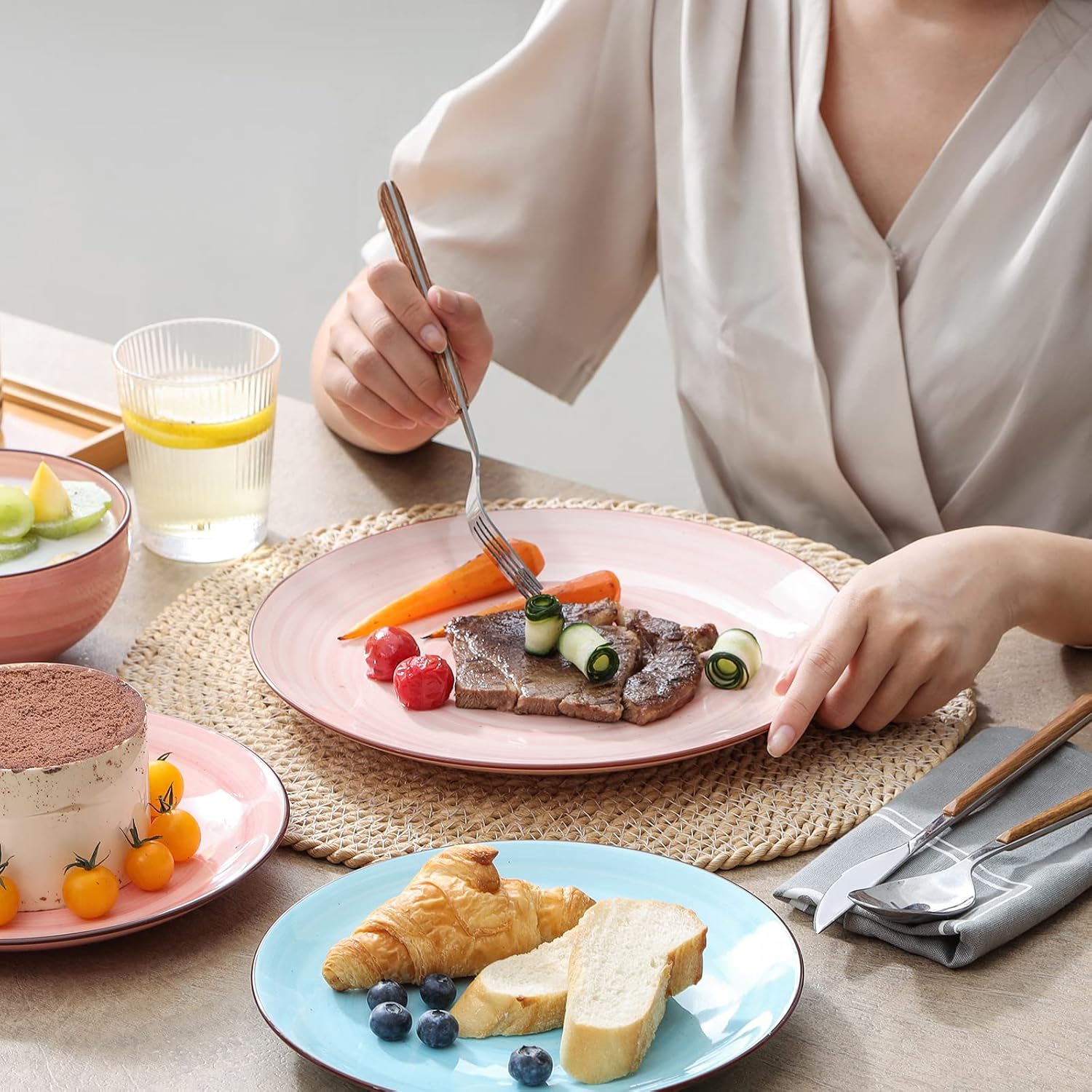 Selamica 24 Oz Cereal Bowls Set + 10 inch Dinner Plates Ceramic, Black Speckles, Gradient Color