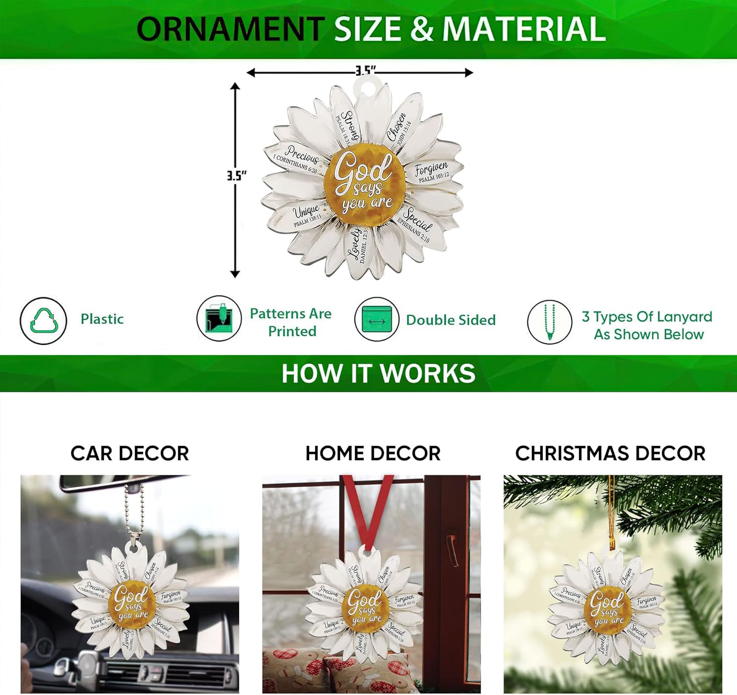 Talataca White Daisy Christian Jesus God Say You are Strong Chosen 2D Flat Car Rear View Mirror Accessories Christmas Tree Ornament Decoration Hanging Charm Interior Rearview Pendant Decor Gift - Image 2