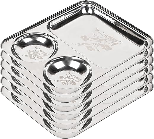 KC Stainless Steel Laser Partition Plate 3 in1 | Bhojan Thali | Dinner Plate Set of 6
