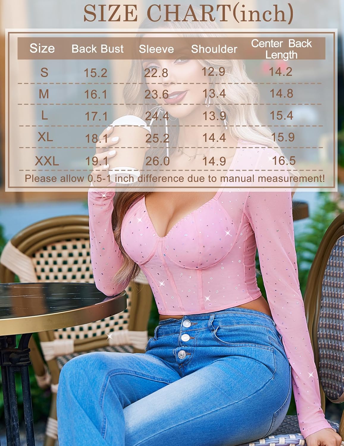 Avidlove Women Mesh Tops Long Sleeve Sparkle Crop Top Square Neck Y2K Date Night Outfits S-XXL - Image 6
