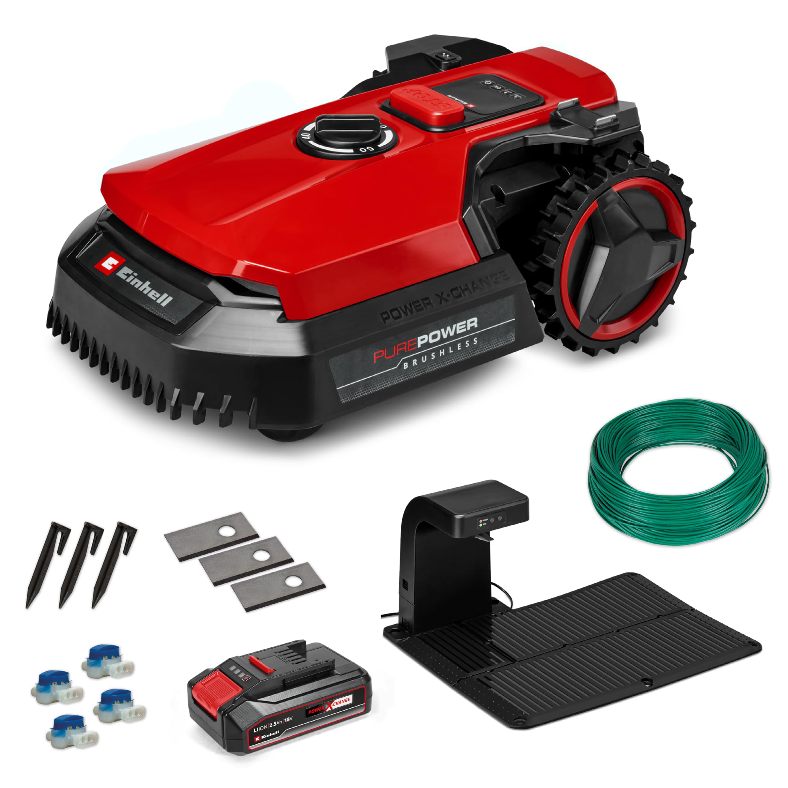 Einhell Mähroboter Freelexo 500 Power X-Change – 18 V, App-Steuerung, IPX5, OTA Updates über WLAN, inkl. Installationskit für 500 m² + 2,5 Ah Plus Akku
