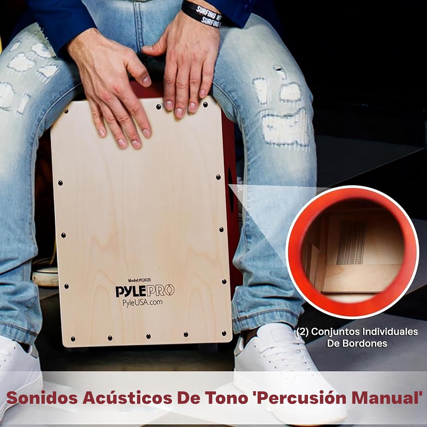 Pyle Snare Style Birch Wood Compact Acoustic Jam Cajon - Wooden Hand Drum Percussion Beat Box with Internal Snares, Deep Bass, Classic Slap, and Crackle Sound - For Kids, Teens, and Adults - PCJD25.