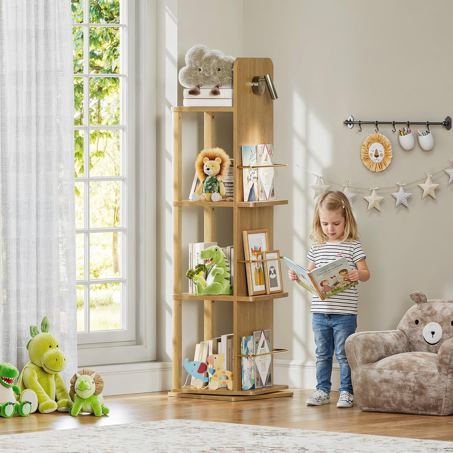 4 Tier Rotating Bookshelf with Light, 360° Spinning Book Shelf Tower with 15.4'' Tall Shelves, Square Revolving Bookcase Organizer, Rolling Bookshelves for Small Space, Corner, Kids Room, Natrual Oak