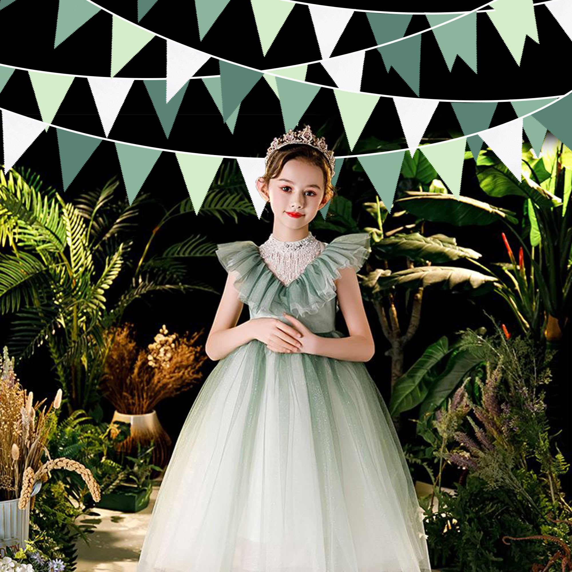 32Ft Sage Green Party Decorations Avocado Green Triangle Flag Fabric Banner Pennant Bunting Garland Streamers for Birthday Wedding Baby Shower Jungle Safari Summer Golf Christmas Outdoor Party Decor