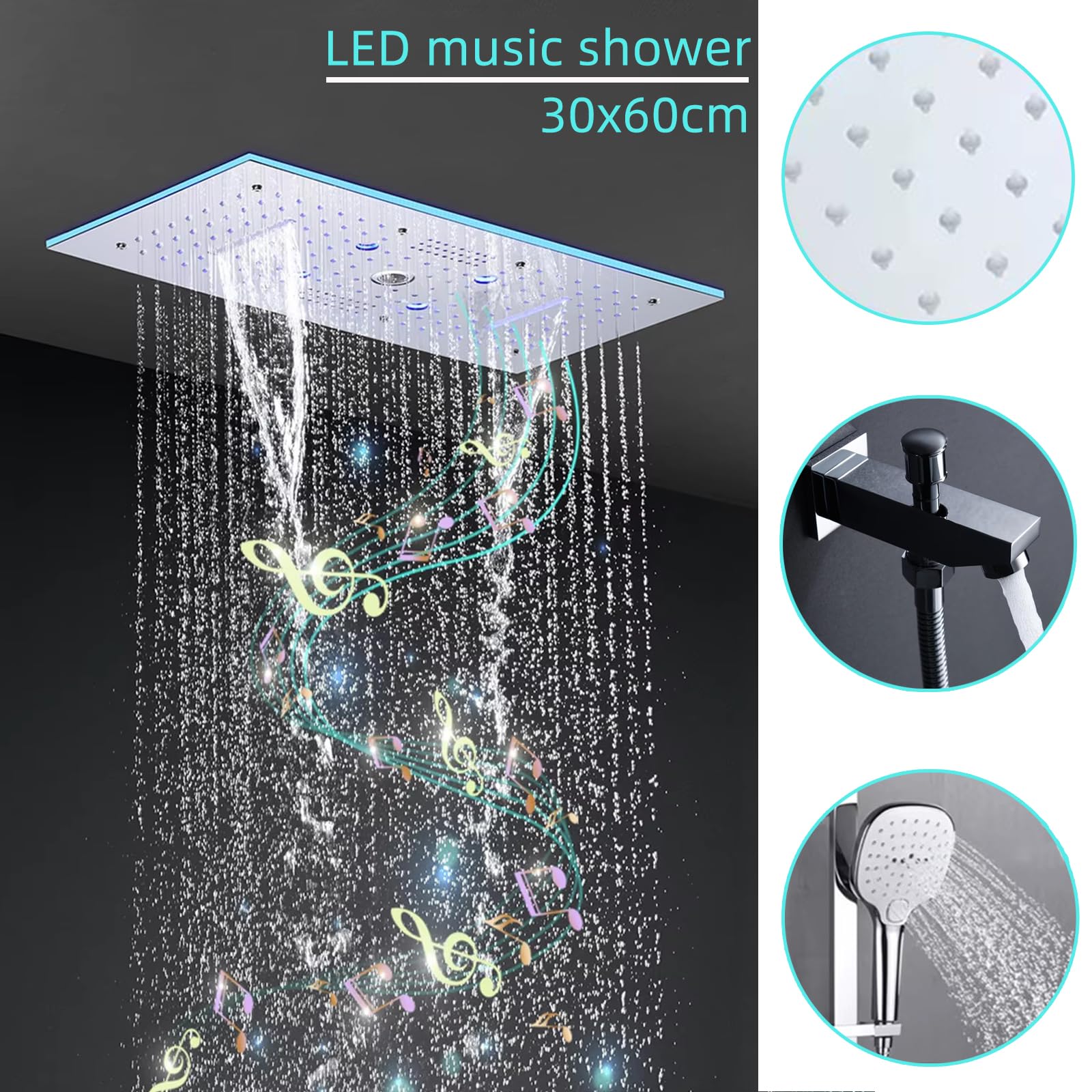 Colonna Doccia,Set Doccia Multifunzione con termostato,Kit Doccia con Musica Bluetooth con soffione da 30x60cm,LED Multicolore,doccetta Manuale,con Rubinetto,Doccia soffione Completo