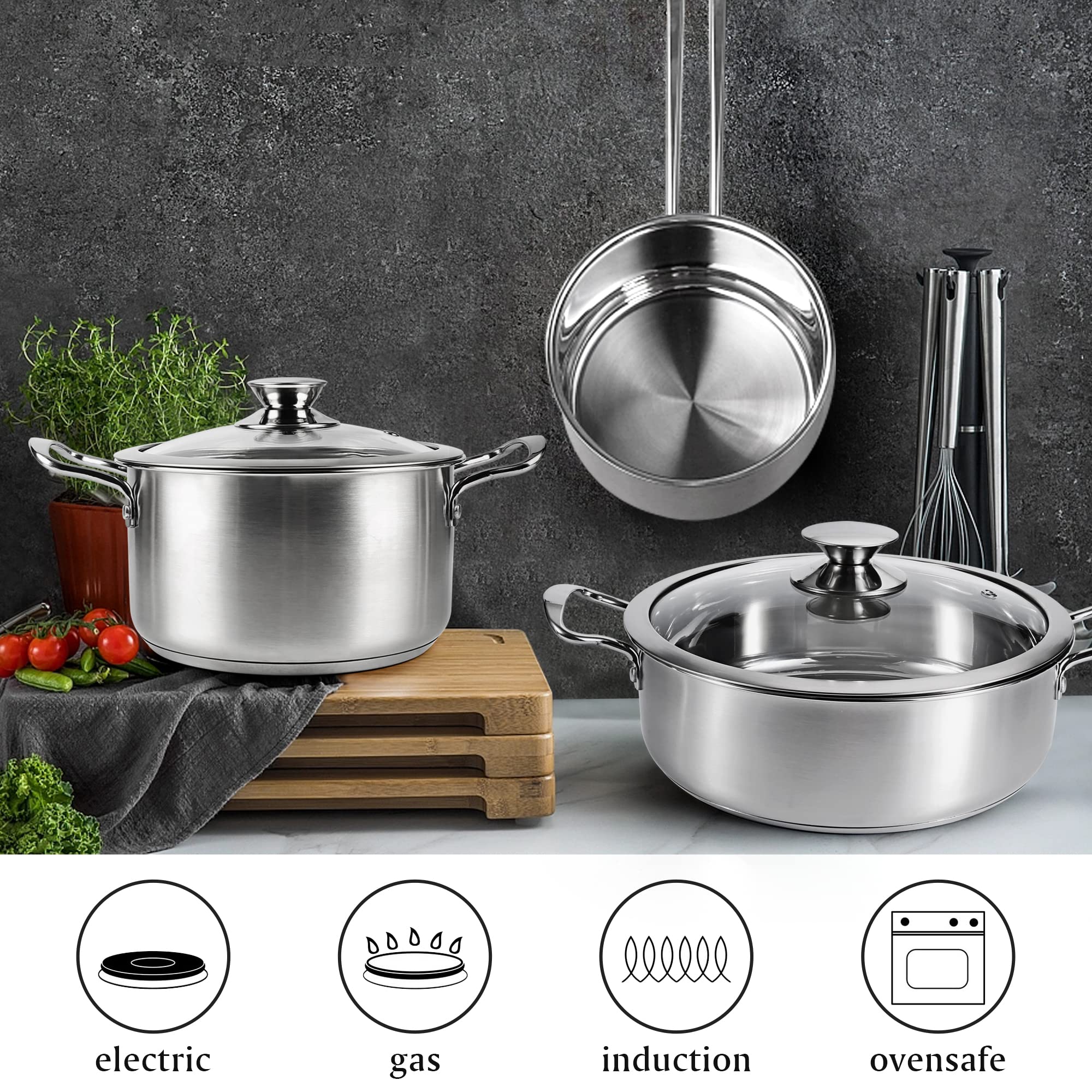 Tieplis Batterie de Cuisine en Acier Inoxydable à 3 Couches, 6 Pièces, Casserole et Marmite avec Couvercle en Verre, Casseroles Adapté à la Tous Feux Dont Induction, Lavable au lave-vaisselle (Argent)