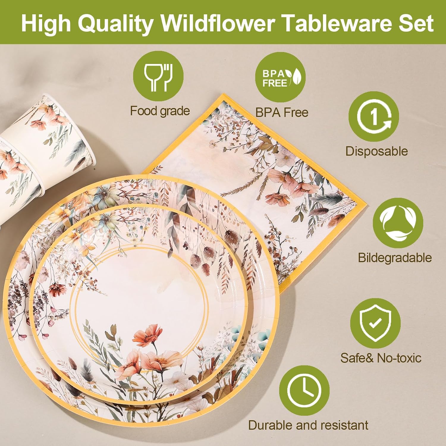 Spring Wildflower Party Decorations,Wildflower Birthday Dish Set,Disposable Plates,Floral Paper Plates and Napkins Sets for Baby Shower Birthday Bridal Shower Decorations,Serves 24